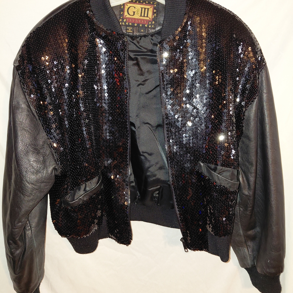 G-III Black Sequin And Leather  Bomber Jacket